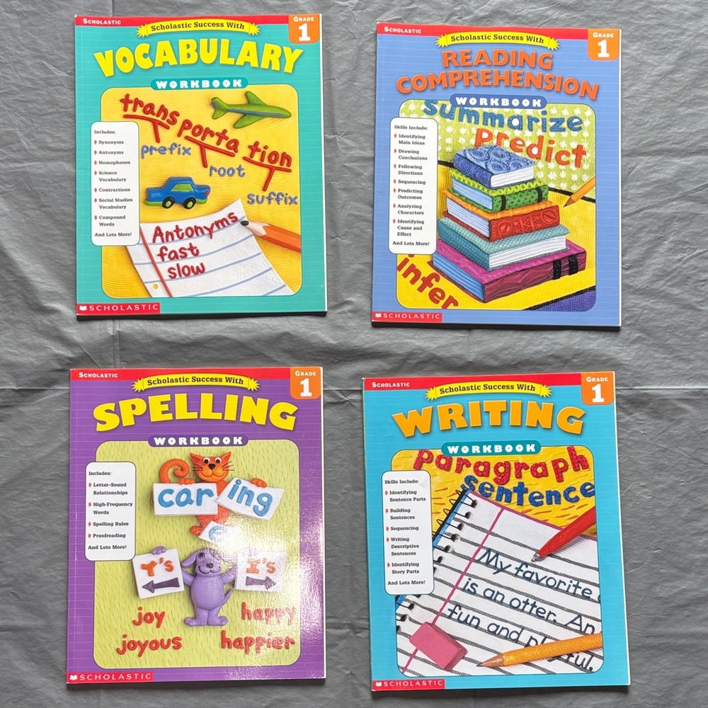 Scholastic Grade 1 Workbook Set - Green, Purple, Yellow, Blue Covers